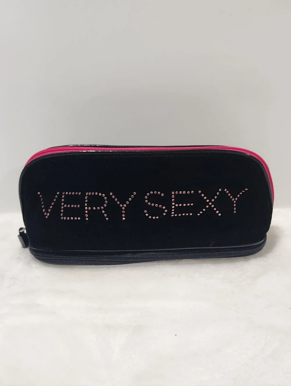 Victoria's Secret VS Very Sexy Black Velvet Rhinestone Makeup Cosmetic Bag Pouch